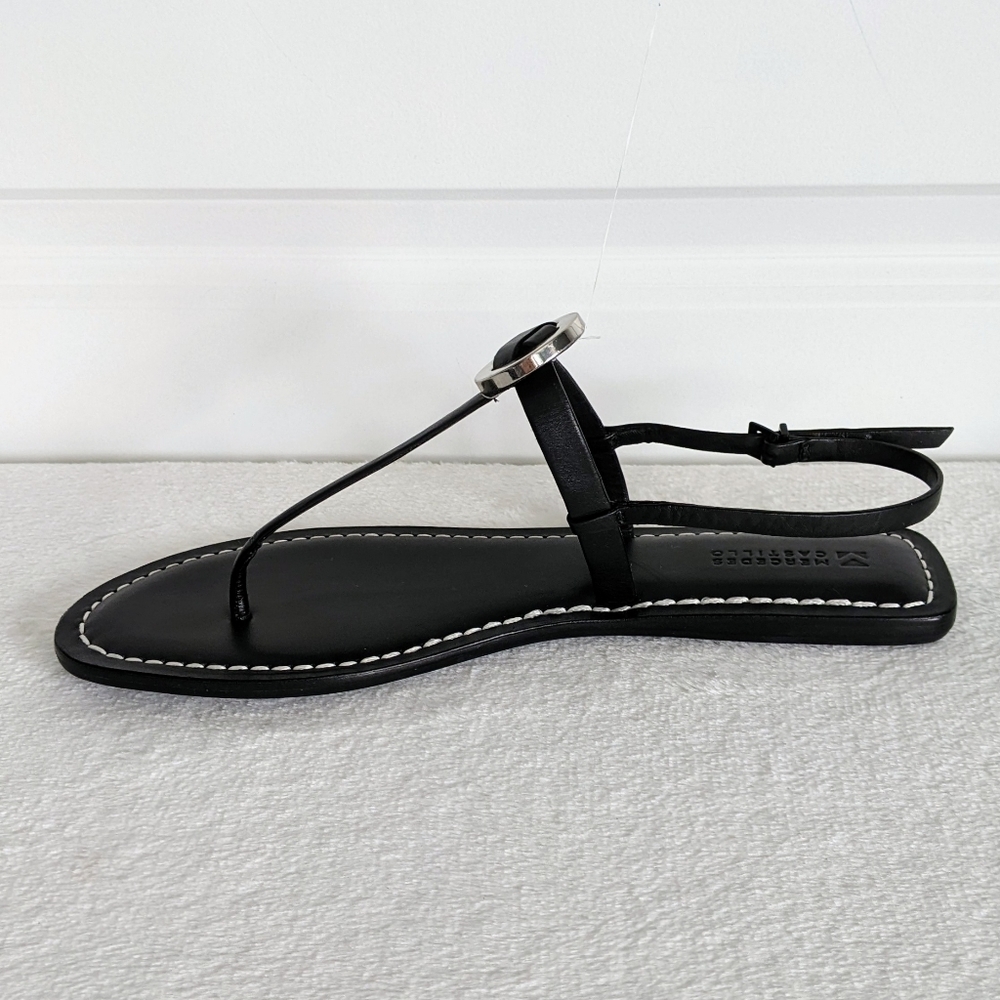 Mercedes Castillo Leather T-Strap Thong Sandal Flat Black Silver EU40 10 NWOB - Picture 6 of 15